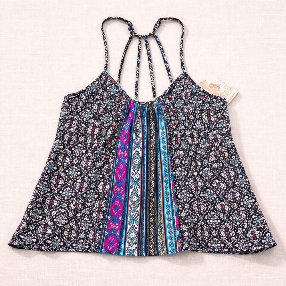 In Bloom Boho Mixed Geometric Floral Print Blouse Pom Pom Trim Size Small"